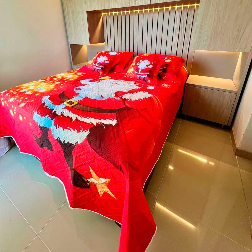 Sobrecama Doble Faz Navideño de Papá Noel Detalles Dorados